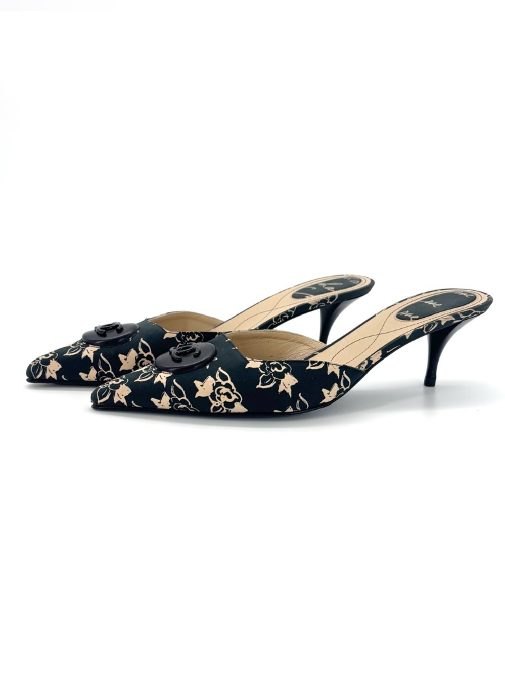 Vintage Chanel 2006 Script Floral CC Logo Kitten Heel Pointed Toe Mules 39.5